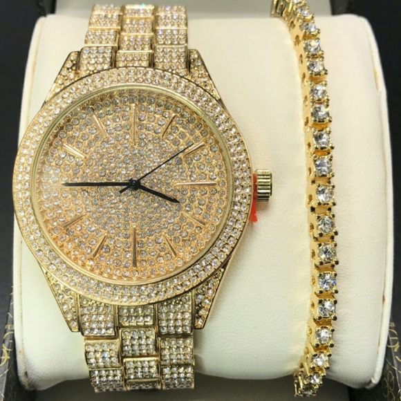 14K Gold plated iced out watch bracelet - Picture 1 of 3